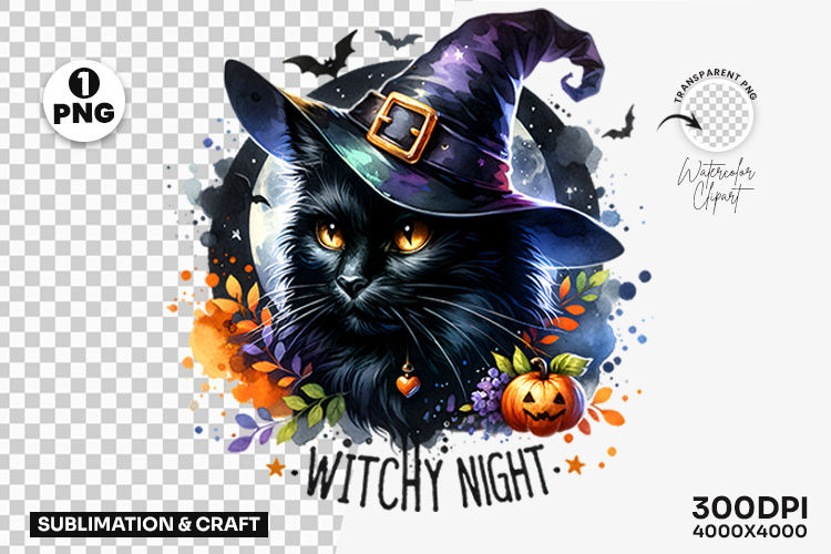 Halloween Witchy Night Black Cat Witch Hat Clipart PNG