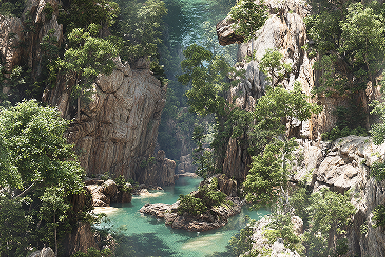 Lush Canyon River Landscape Background with Green Cliffs