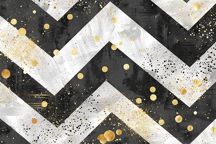 Black White Gold Chevron Pattern Background with Paint Splat