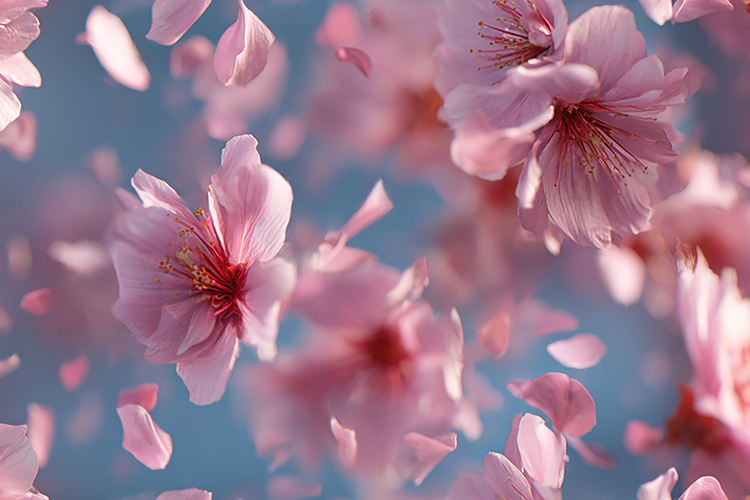 Pink cherry blossoms falling against blue sky background