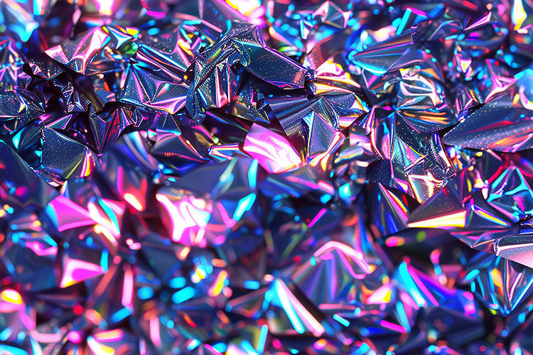 Holographic foil fragments in shades of purple and blue