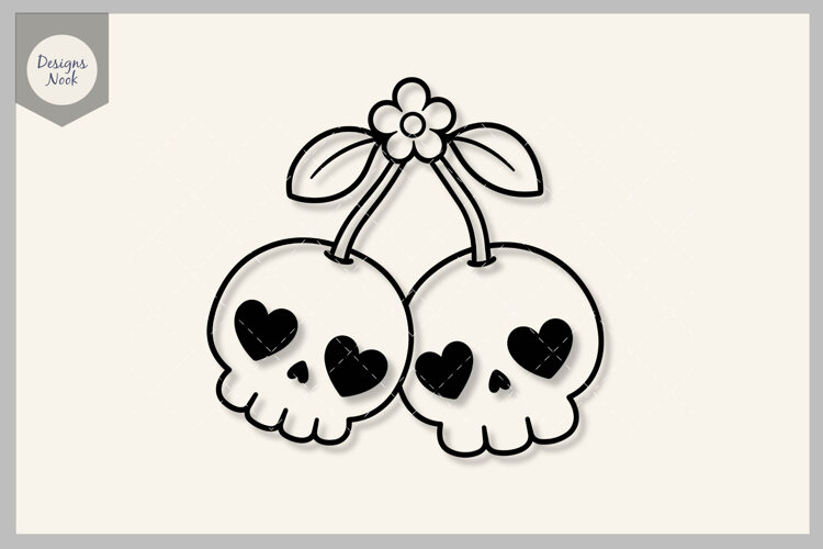 Skull Cherries SVG, Cute Halloween Cherries with Heart Eyes example image 1