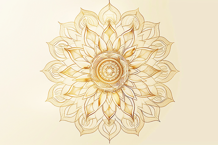 Golden mandala design on a cream background
