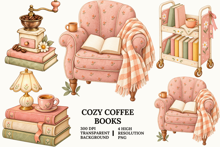 Cozy Coffee Books Reading Nook Watercolor PNG