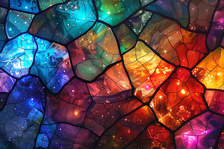 Stained glass pieces in various shapes and sizes