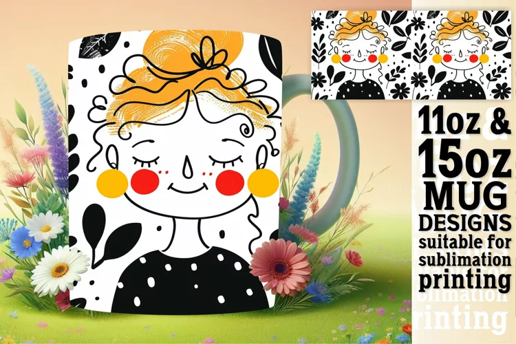 Elegant Female Portrait Mug Wrap with Flowers 11oz/15oz