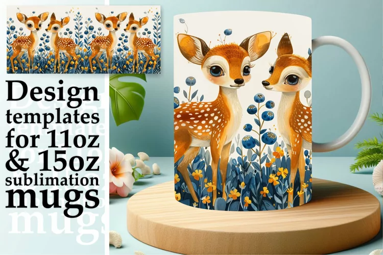 Deer Watercolor Mug Wrap Sublimation Art