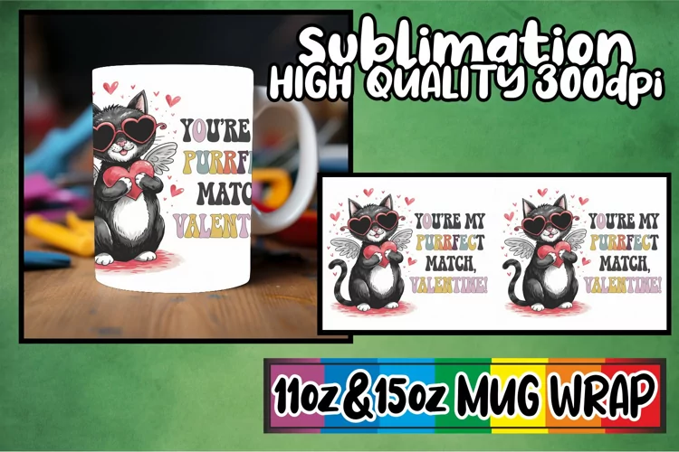 Happy hearts 11oz 15oz sublimation wrap, Valentines Cat