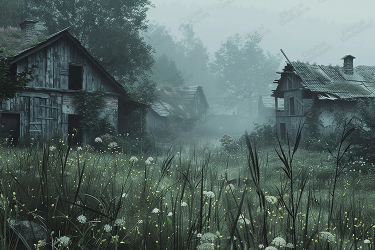 Spooky Overgrown Abandoned Village Foggy Rural Background
