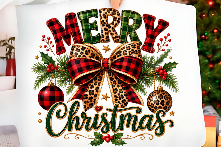 Merry Christmas Leopard Plaid Bow PNG