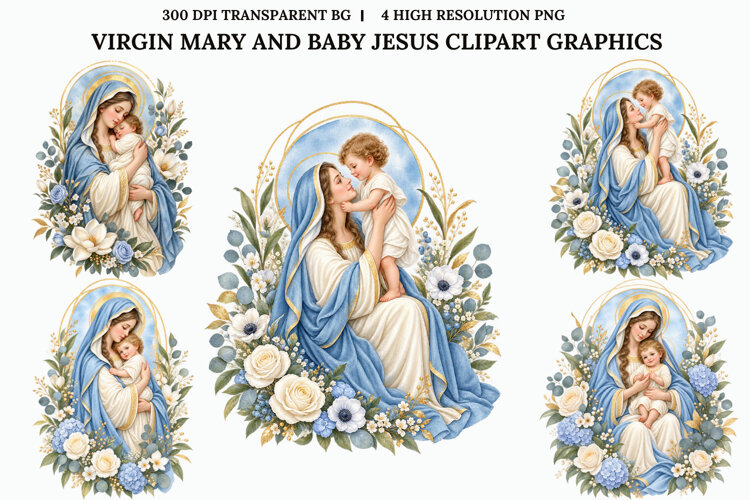 Virgin Mary Baby Jesus Watercolor Christian Floral PNG example image 1