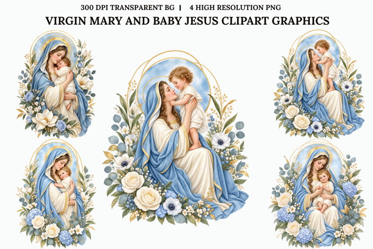Virgin Mary Baby Jesus Watercolor Christian Floral PNG