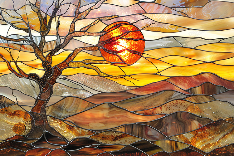 Artistic Stained Glass Sunset Landscape Background