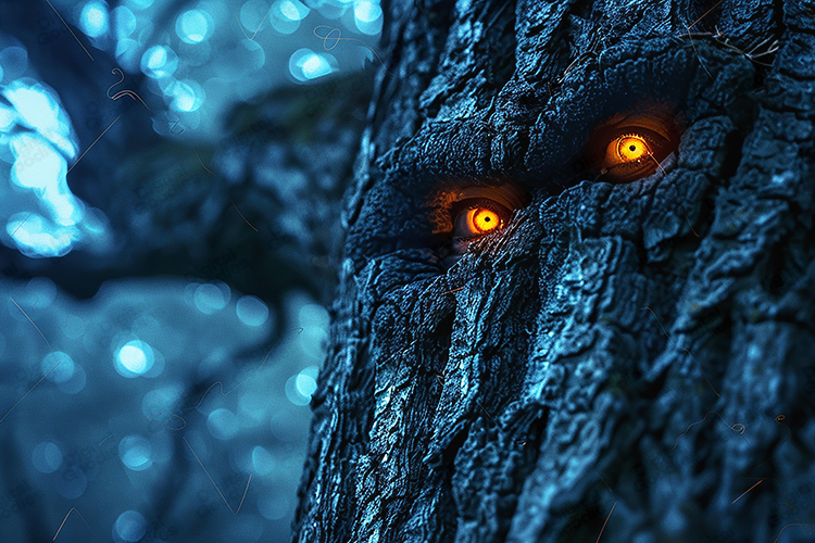 Spooky Tree Face with Glowing Eyes Background