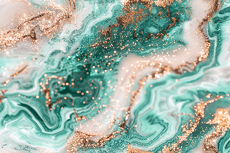 Swirling teal, white, and gold colors in a pattern