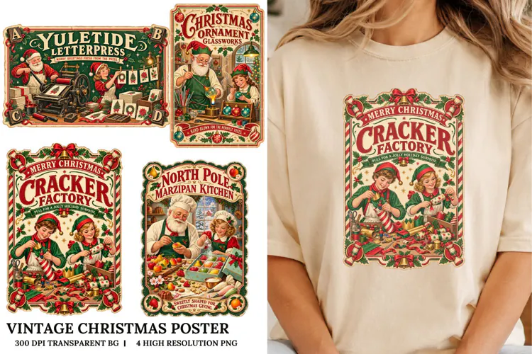 Vintage Christmas Poster PNG Retro Holiday Sublimation Craft
