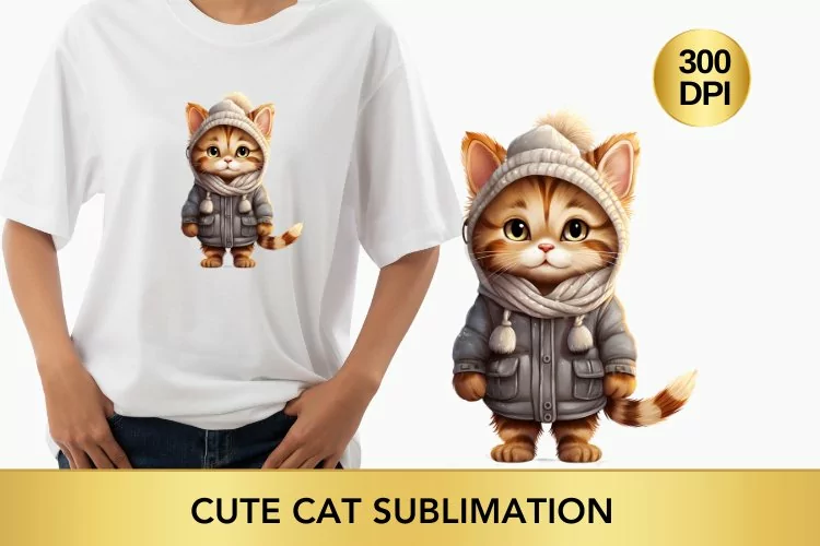 Winter Cute Grey Cat Watercolor Sublimation PNG