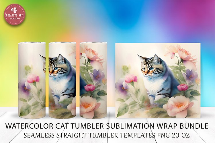 Cat Tumbler Sublimation Wrap Watercolor Seamless
