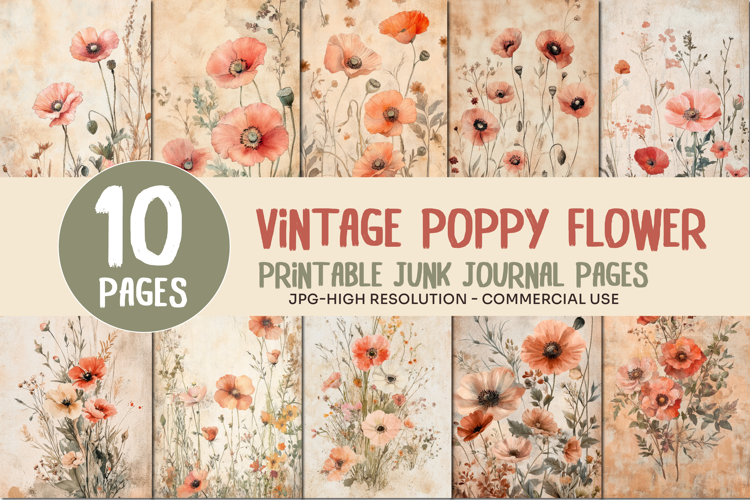 Vintage Poppy Flower Junk Journal Pages