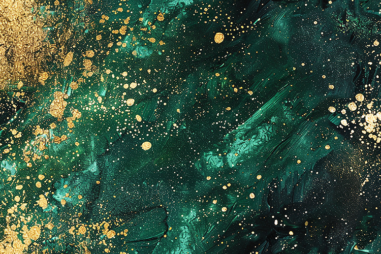 Emerald Green and Gold Glitter Paint Splatter Background