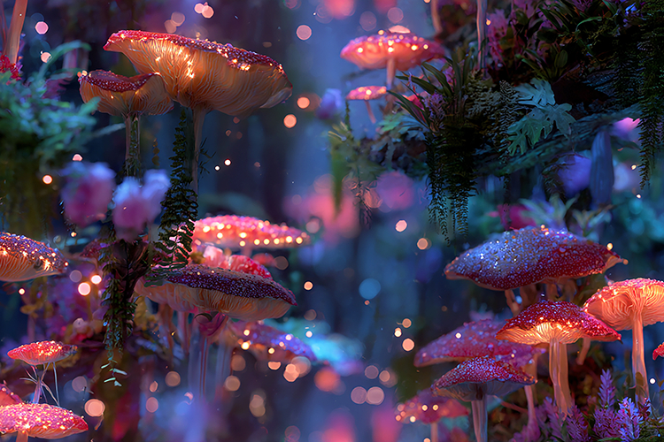 Mystical forest scene glowing mushrooms