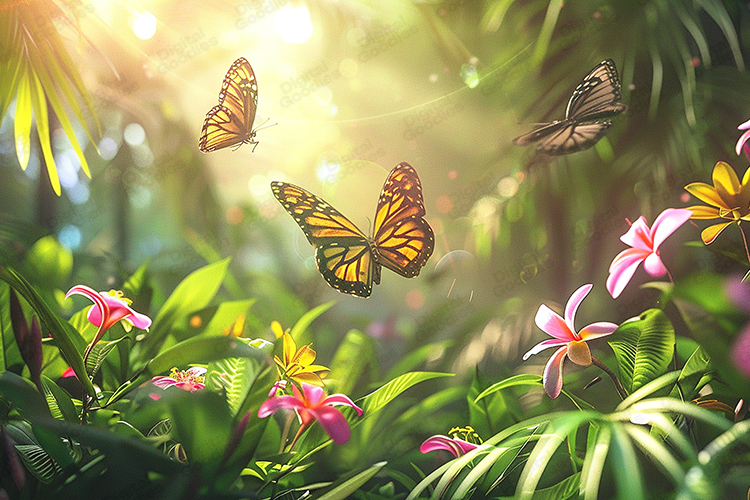 Tropical Sun-Drenched Butterfly Garden Background