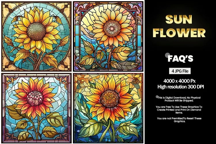 Stained Glass Sunflower Square Coaster - 04 Variations