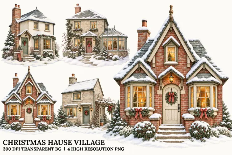 Christmas House Village PNG, Snowy Cottage Sublimation Art