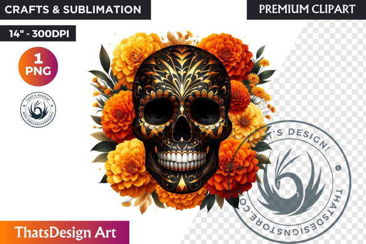 Floral Black Gold Sugar Skull dia de muertos Clipart PNG