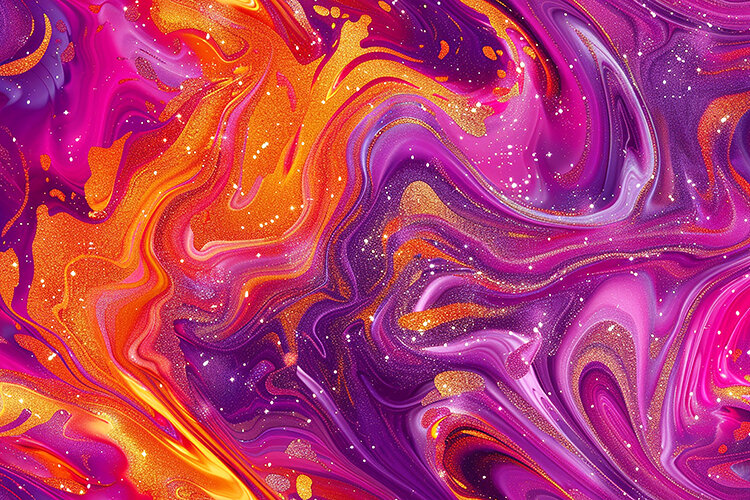 Swirling patterns of purple, pink & orange hues with glitter
