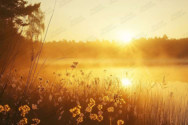 Golden Morning Mist over Lakeside Meadow Background