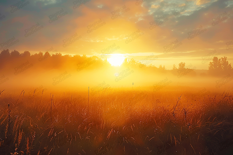 Golden Sunrise over Misty Meadow Background