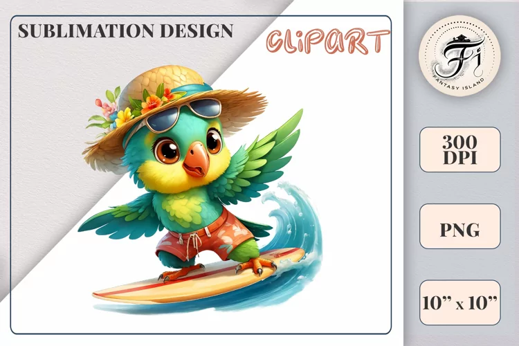 Cute Parrot Surfer Cartoon| Sublimation Design| Ocean | PNG