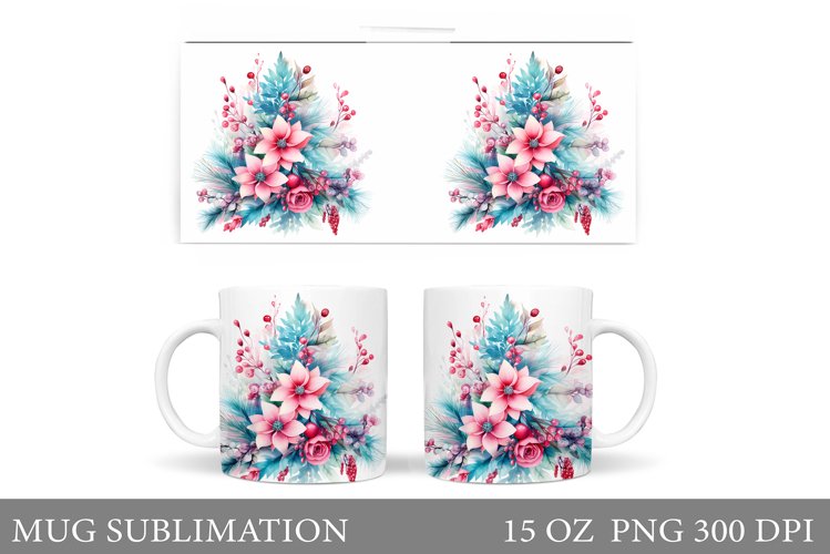 Watercolor Christmas Tree Mug. Christmas Flowers Mug Design example image 1