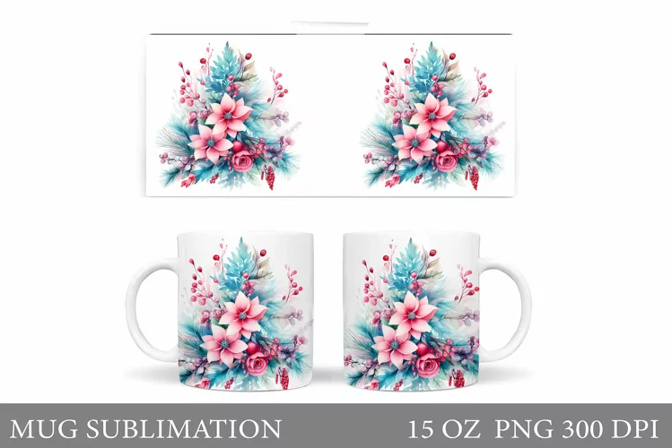 Watercolor Christmas Tree Mug. Christmas Flowers Mug Design