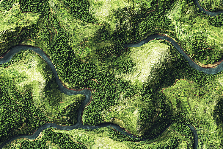 Aerial Topographic Forest and River Landscape Background