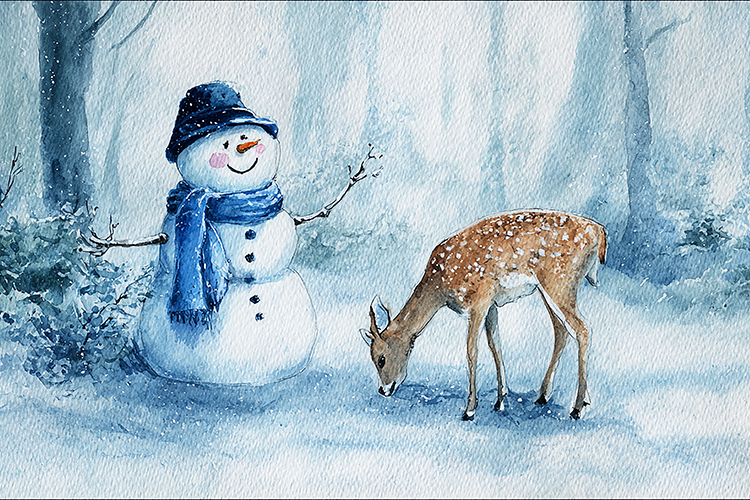 A serene winter scene with a smiling snowman