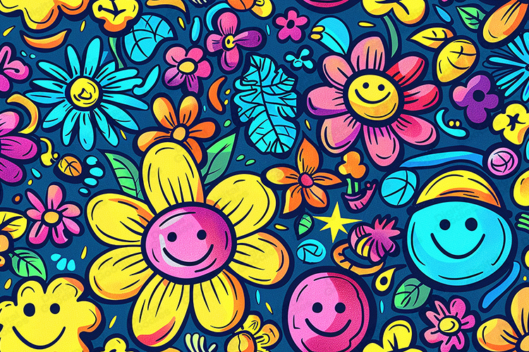 Vibrant Groovy Smiley Face Floral Background