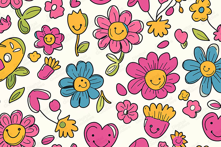 Minimalist Groovy Smiley Face Floral Background