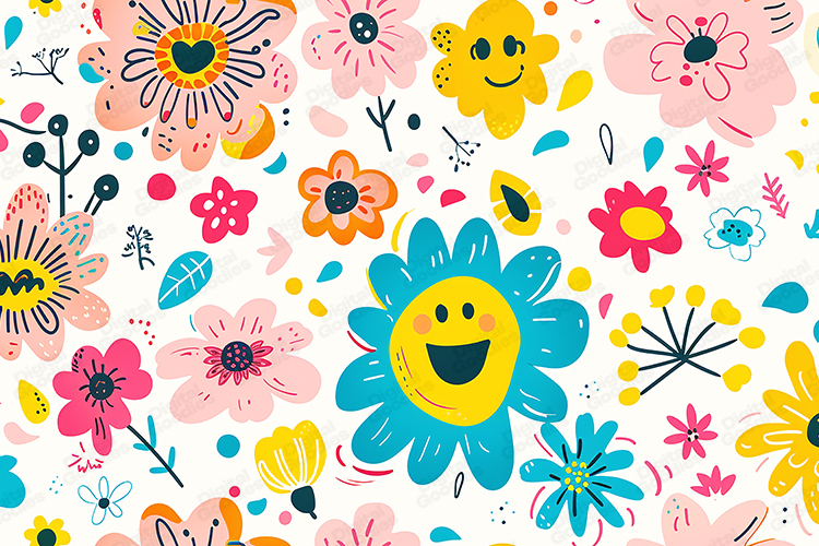 Whimsical Retro Smiley Face Floral Background