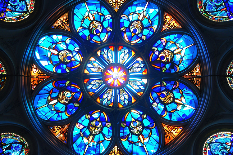 Vibrant Blue and Gold Rose Window Stained Glass Background