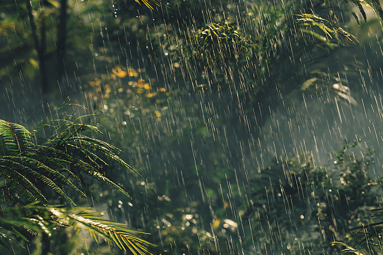 Tropical Rainforest Foliage in Atmospheric Rain Background