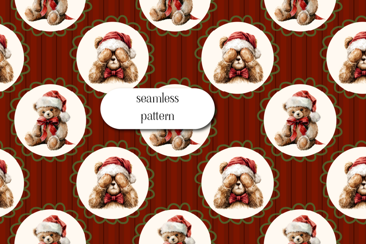 Cute Christmas Teddy Bear Seamless Pattern on Red Stripes