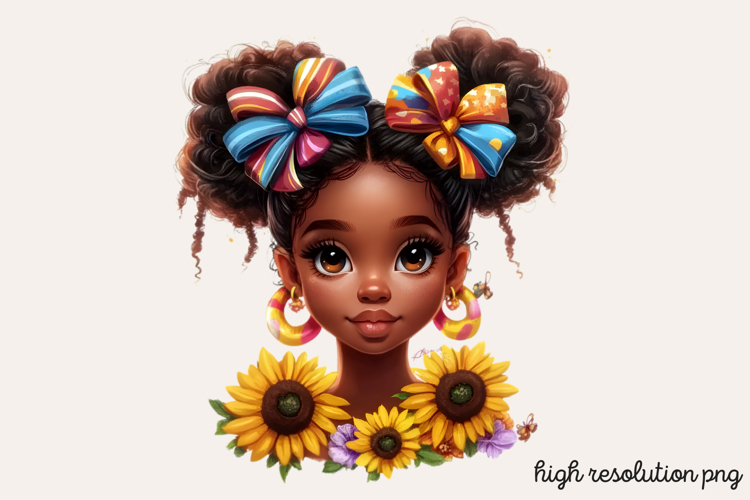 Cute Black Girl with Flower Clipart PNG