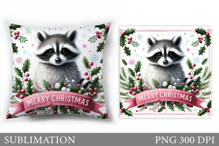 Cute Raccoon Pillow Design. Christmas Pillow Sublimation