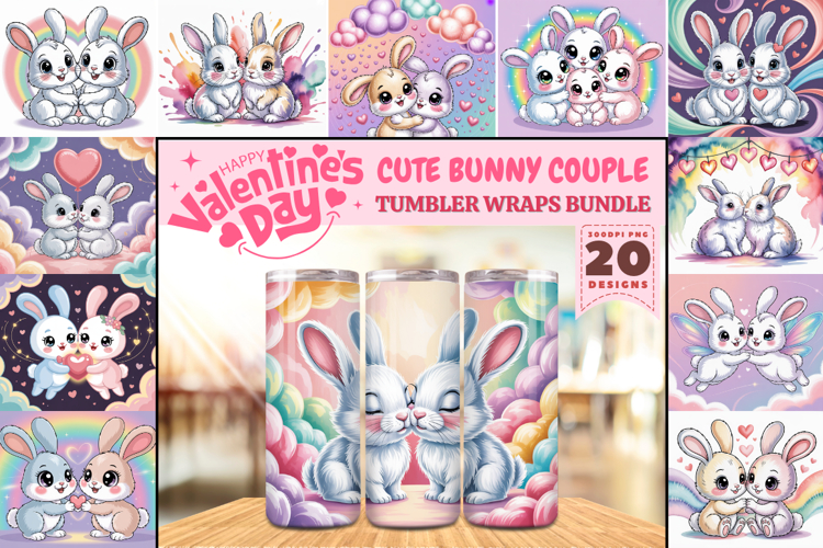 Valentine’s Day Cute Bunny Couple Tumbler Wrap PNG Big Bundl
