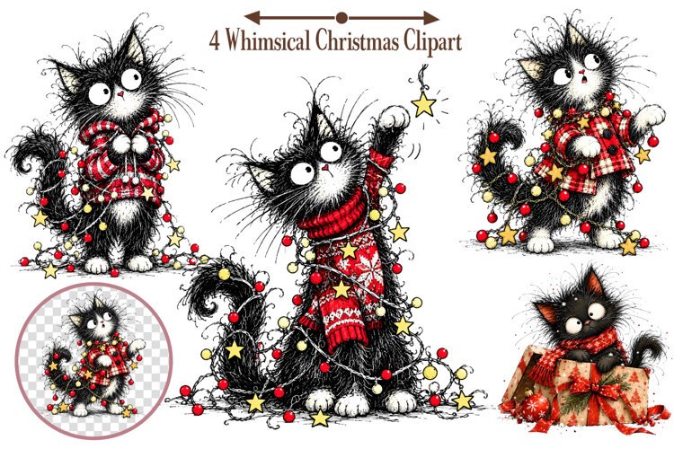 Whimsical Christmas Clipart, Christmas Cat Sublimation example image 1