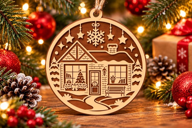 Christmas House Wooden Ornament Laser Cut SVG example image 1