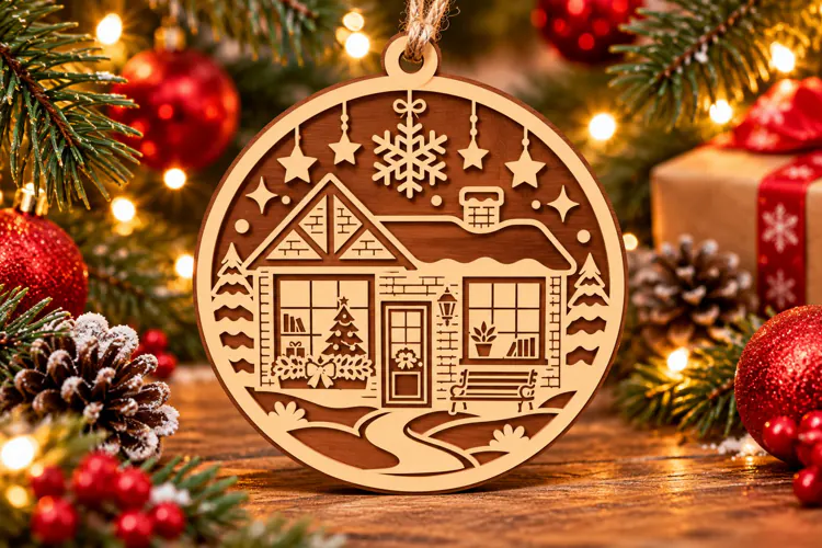 Christmas House Wooden Ornament Laser Cut SVG