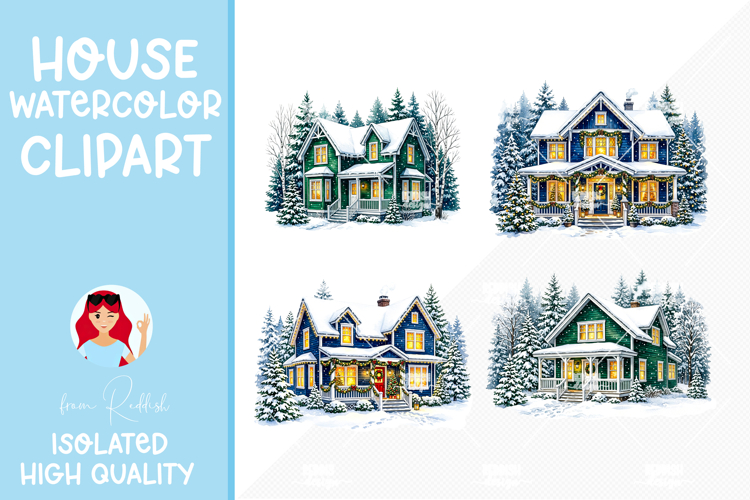 4 Cozy Watercolor House Clipart